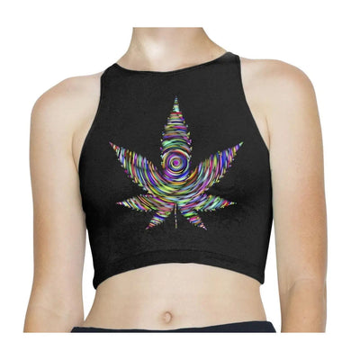 Marijuana Leaf Trippy Psychedelic Sleeveless High Neck Crop Top S / Black
