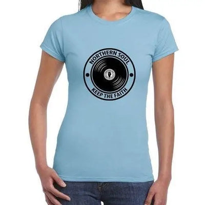 Northern Soul Keep The Faith Record Women's T-Shirt L / Light Blue