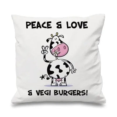 Peace, Love & Vegi Burgers Vegetarian Cushion White