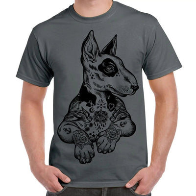 Pit Bull Terrier With Tattoos Hipster Large Print Men's T-Shirt XL / Charcoal Grey