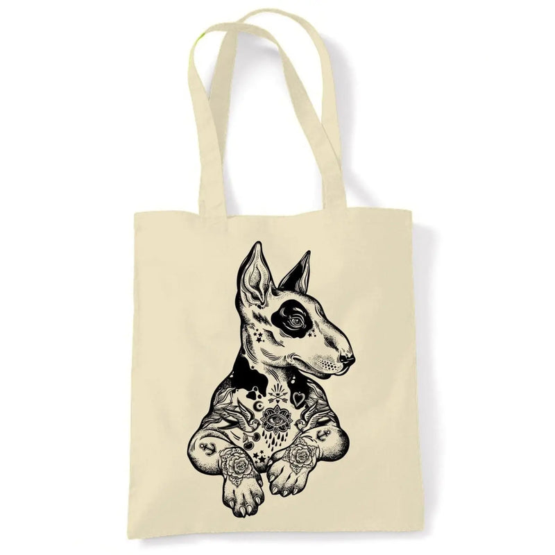 Pit Bull Terrier With Tattoos Hipster Large Print Tote Shoulder Shopping Bag Cream