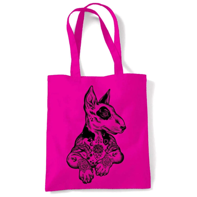 Pit Bull Terrier With Tattoos Hipster Large Print Tote Shoulder Shopping Bag Hot Pink