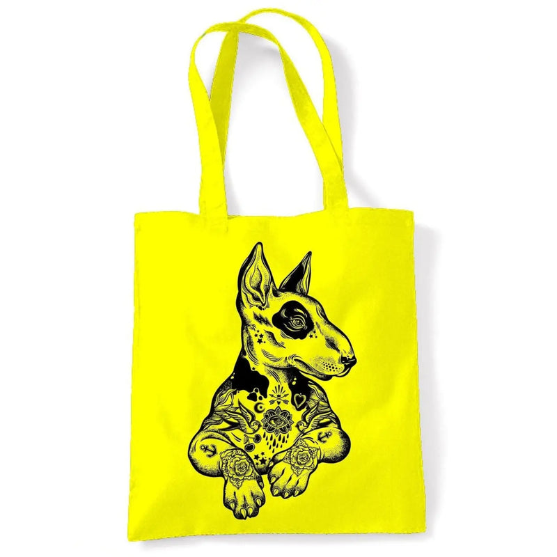 Pit Bull Terrier With Tattoos Hipster Large Print Tote Shoulder Shopping Bag Yellow