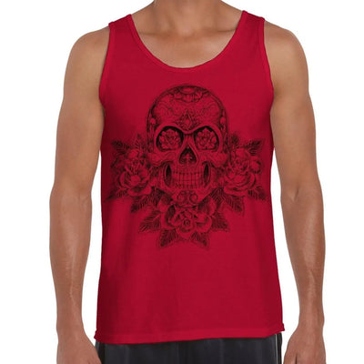 Skull and Roses Tattoo Large Print Men's Vest Tank Top XL / Red