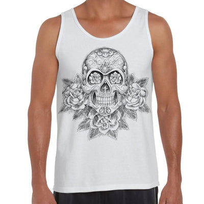 Skull and Roses Tattoo Large Print Men's Vest Tank Top XL / White