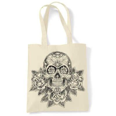 Skull and Roses Tattoo Large Print Tote Shoulder Shopping Bag