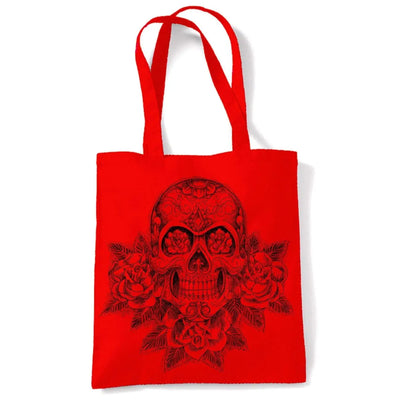 Skull and Roses Tattoo Large Print Tote Shoulder Shopping Bag