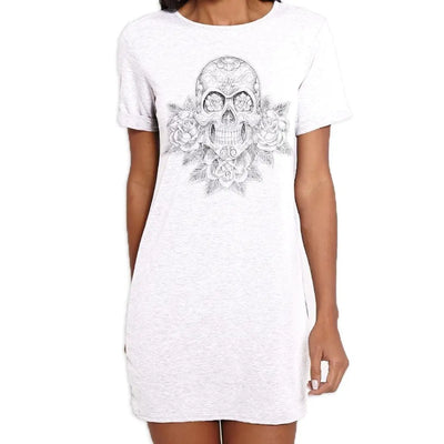 Skull and Roses Tattoo Large Print Women's T-Shirt Dress XL