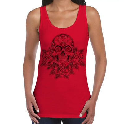 Skull and Roses Tattoo Large Print Women's Vest Tank Top XL / Red