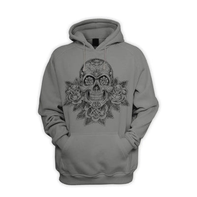 Skull and Roses Tattoo Men's Pouch Pocket Hoodie Hooded Sweatshirt XL / Charcoal Grey