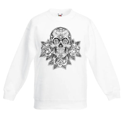 Skull with Roses Tattoo Children's Toddler Kids Sweatshirt Jumper 14-15 / White