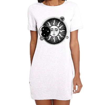 Sun and Moon Eclipse Hipster Tattoo Large Print Women's T-Shirt Dress Medium