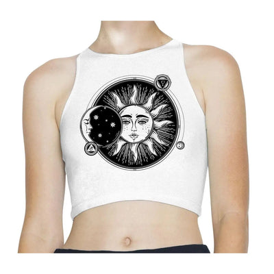 Sun and Moon Eclipse Tattoo Hipster Sleeveless High Neck Crop Top S / White