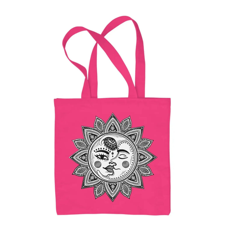 Sun and Moon Mandala Design Tattoo Hipster Large Print Tote Shoulder Shopping Bag Hot Pink