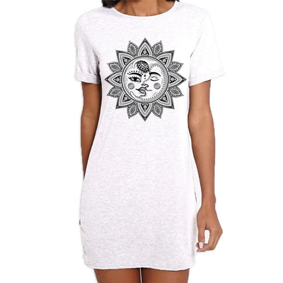 Sun and Moon Mandala Design Tattoo Hipster Large Print Women's T-Shirt Dress Medium