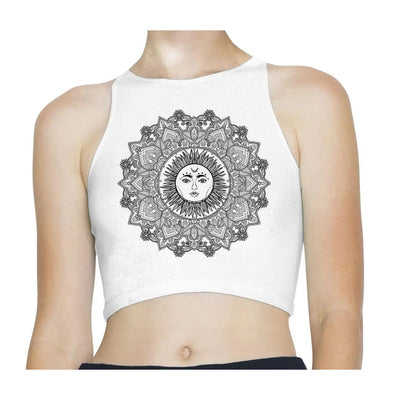 Sun Mandala Tattoo Hipster Sleeveless High Neck Crop Top L / White