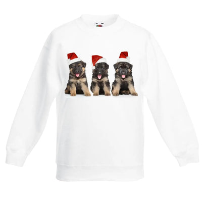 Three German Shepherds Puppies with Santa Hats Christmas Childrens Kids Sweatshirt Jumper