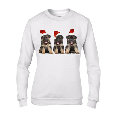 Three German Shepherds Puppies with Santa Hats Christmas Womens Sweatshirt Jumper