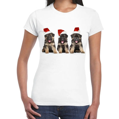 Three German Shepherds Puppies with Santa Hats Christmas Women's T-Shirt