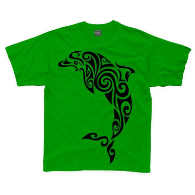 Tribal Dolphin Tattoo Large Print Kids Children's T-Shirt 7-8 / Kelly Green