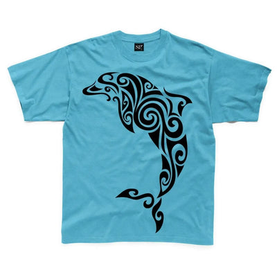 Tribal Dolphin Tattoo Large Print Kids Children's T-Shirt 7-8 / Sapphire Blue