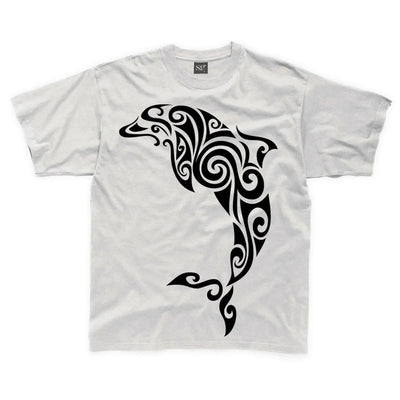 Tribal Dolphin Tattoo Large Print Kids Children's T-Shirt 7-8 / White