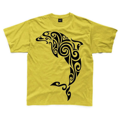 Tribal Dolphin Tattoo Large Print Kids Children's T-Shirt 7-8 / Yellow