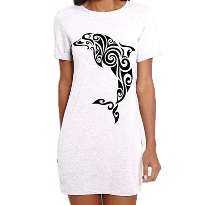 Tribal Dolphin Tattoo Large Print Women's T-Shirt Dress M