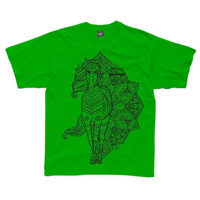Tribal Horse Tattoo Large Print Kids Children's T-Shirt 3-4 / Kelly Green