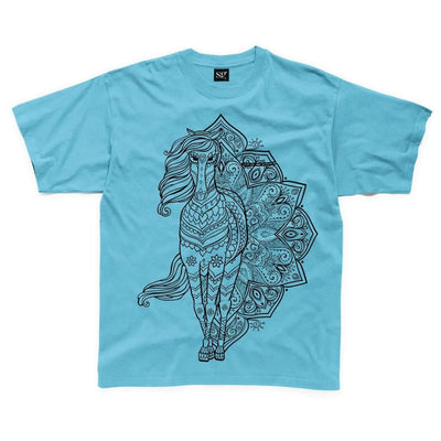 Tribal Horse Tattoo Large Print Kids Children's T-Shirt 3-4 / Sapphire Blue