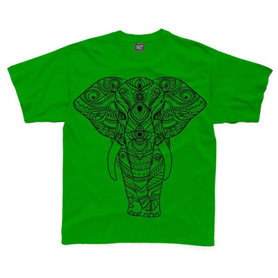 Tribal Indian Elephant Tattoo Large Print Kids Children's T-Shirt 7-8 / Kelly Green