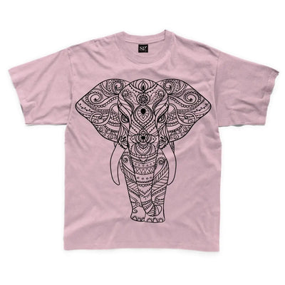 Tribal Indian Elephant Tattoo Large Print Kids Children's T-Shirt 7-8 / Pink