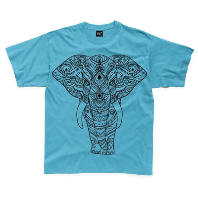 Tribal Indian Elephant Tattoo Large Print Kids Children's T-Shirt 7-8 / Sapphire Blue