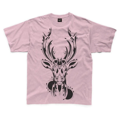 Tribal Stags Head Large Print Kids Children's T-Shirt 9-10 / Pink