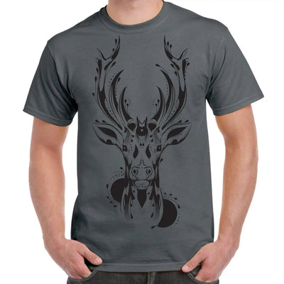 Tribal Stags Head Large Print Men's T-Shirt S / Charcoal