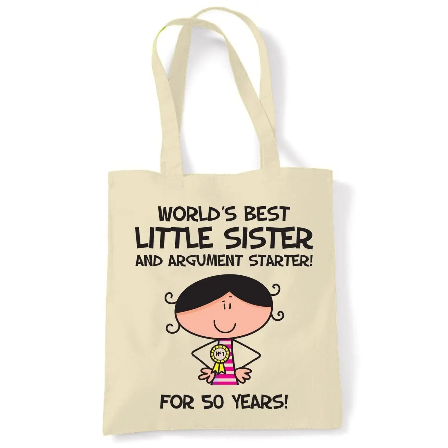 World's Best Little Sister Tote Bag - 50th Birthday Gift, Cream Cotton Canvas Shoulder Bag, 42x38 Cm