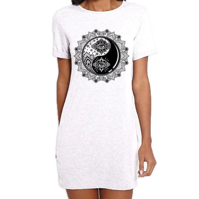 Yin and Yang Mandala Hipster Tattoo Large Print Women's T-Shirt Dress Small