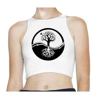 Yin Yang Tree of Life Sleeveless High Neck Crop Top S / White