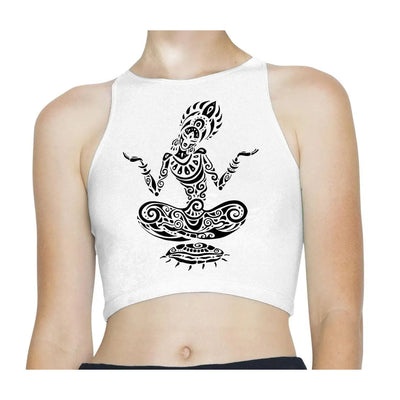 Yoga Lotus Pose Meditation Tattoo Sleeveless High Neck Crop Top L / White