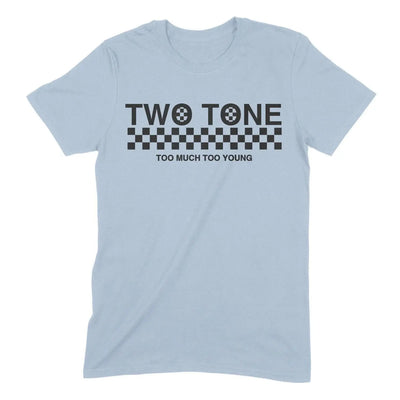 2 Tone Too Much Too Young Narrow Logo Men's Ska T-Shirt L / Light Blue