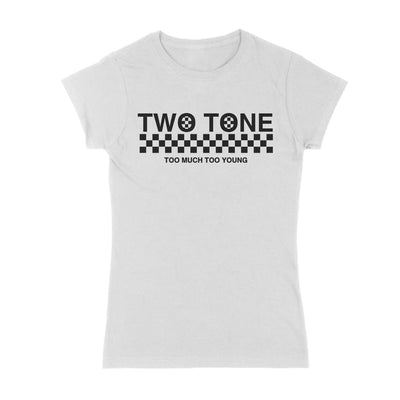 2 Tone Too Much Too Young Narrow Logo Women's Ska T-Shirt XXL / White