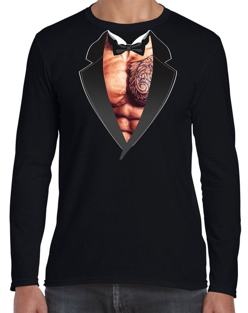Chest Tattoos Long Sleeve Tuxedo T-Shirt - Funny Stag Do Wedding Fancy Dress