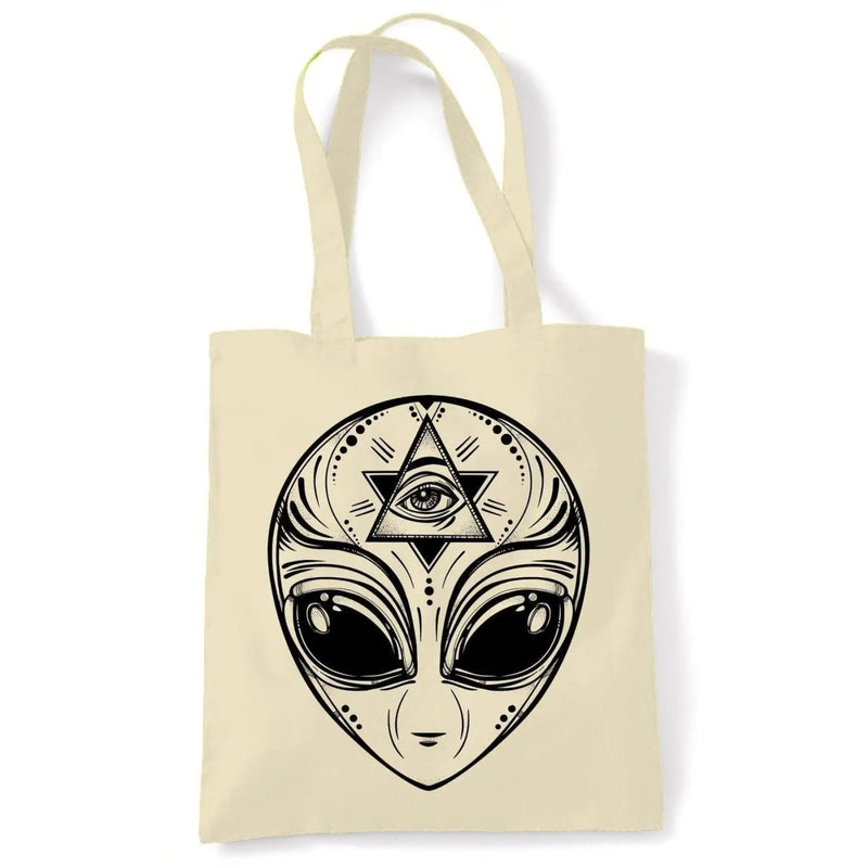 Alien Face Area 51 UFO Large Print Tote Shoulder Shopping Bag Cream