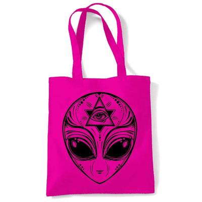 Alien Face Area 51 UFO Large Print Tote Shoulder Shopping Bag Hot Pink