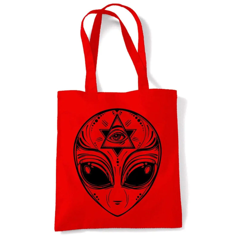 Alien Face Area 51 UFO Large Print Tote Shoulder Shopping Bag Red