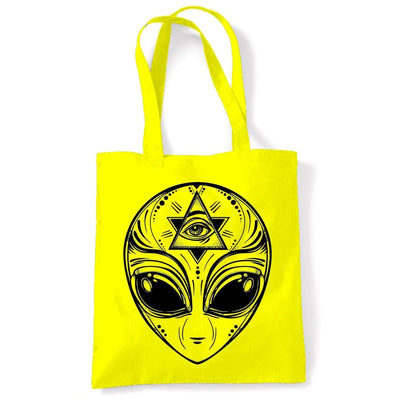 Alien Face Area 51 UFO Large Print Tote Shoulder Shopping Bag Yellow