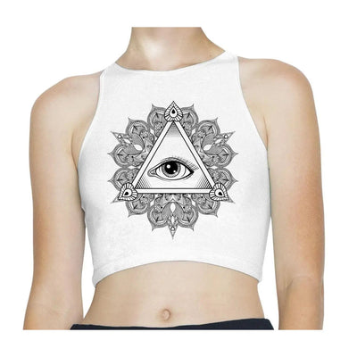 All Seeing Eye in Triangle Mandala Design Tattoo Hipster Sleeveless High Neck Crop Top M