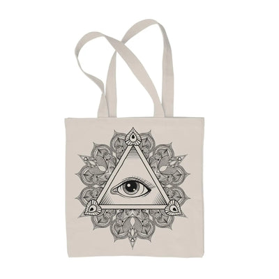 All Seeing Eye in Triangle Mandala Design Tattoo Hipster Large Print Tote Shoulder Shopping Bag Cream