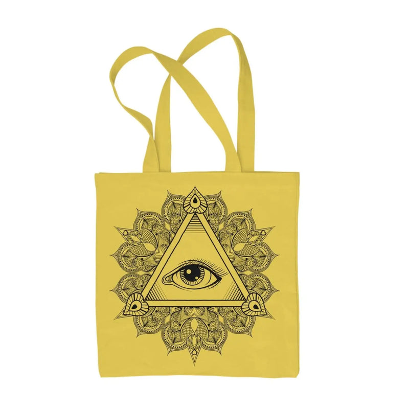 All Seeing Eye in Triangle Mandala Design Tattoo Hipster Large Print Tote Shoulder Shopping Bag Yellow