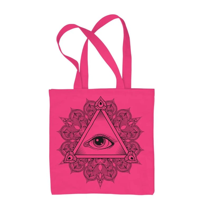 All Seeing Eye in Triangle Mandala Design Tattoo Hipster Large Print Tote Shoulder Shopping Bag Hot Pink